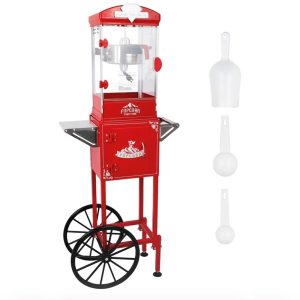 Commercial Popcorn Machine with Cart - 10oz Vintage Style Popper, 480W, Tempered Glass & Warming Deck, Wheels for Home Theater, Parties, Events, Red, including popcorn scoops
