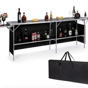 Folding Portable Bar Table, Black 82"x33"x15" Pop Up Mobile Bar Bartender Station Podium Table with Carry Bag for Events, Party, Camping, Tradeshow, Exhibition, Easy Setup.